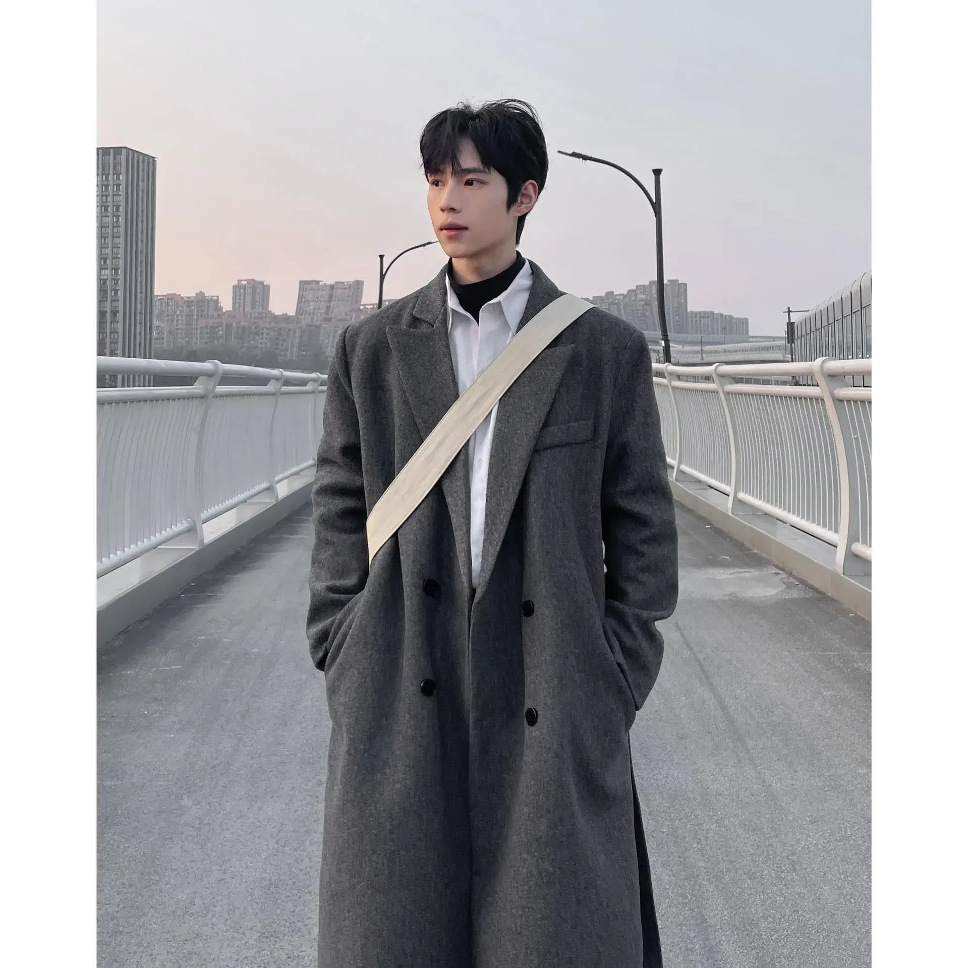 Winter woolen coat men's medium and long knee-length suit collar double-breasted woolen trench coat trendy F381-P128