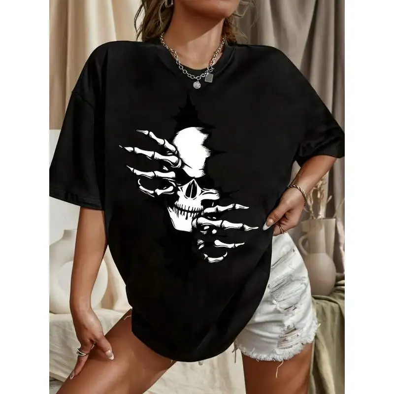 Women Breaking Through Skeleton Skull Graphic T‑Shirt Crew Neck Short Sleeve Gothic Punk Oversized Casual Streetwear Tee Tops