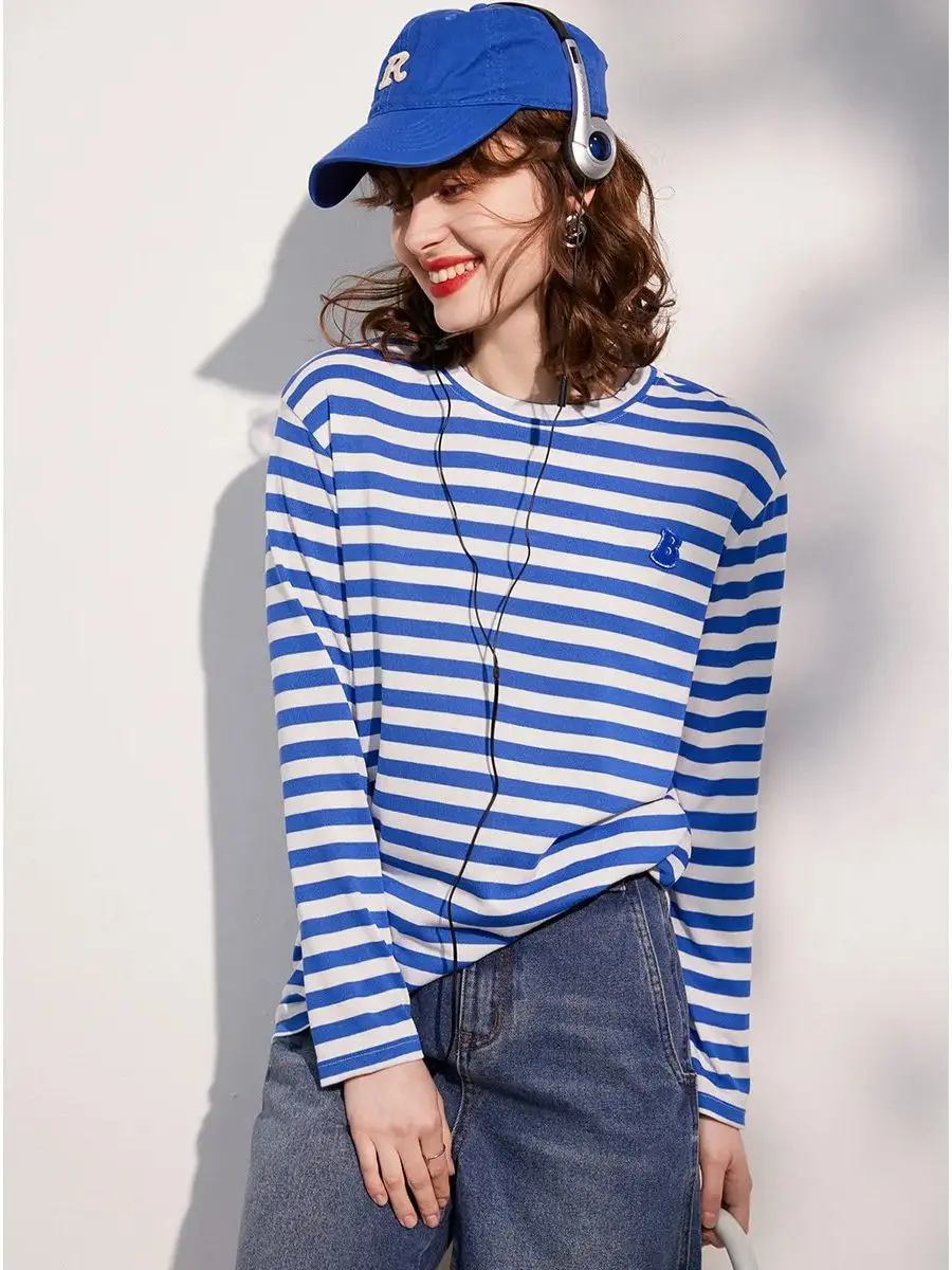 LOUIS YAO-Camiseta a rayas para mujer, camiseta de manga larga con cuello redondo, camiseta informal holgada a la moda, Jersey largo, primavera 2025