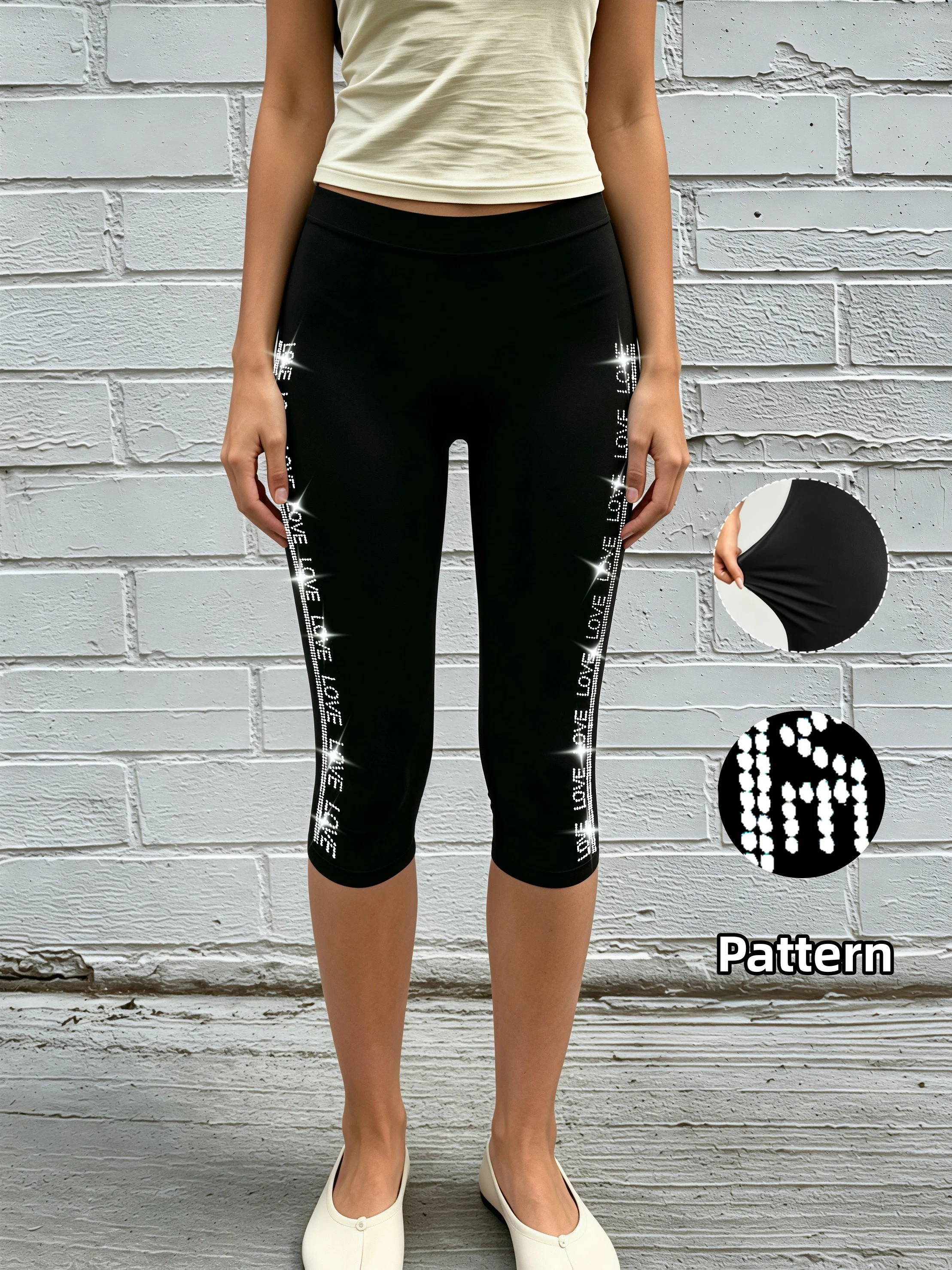 Midsummer 1Pc LOVE Rhinestone High Waist Capri Yoga Pants Stretch Slim Ladies Casual Gym Leggings