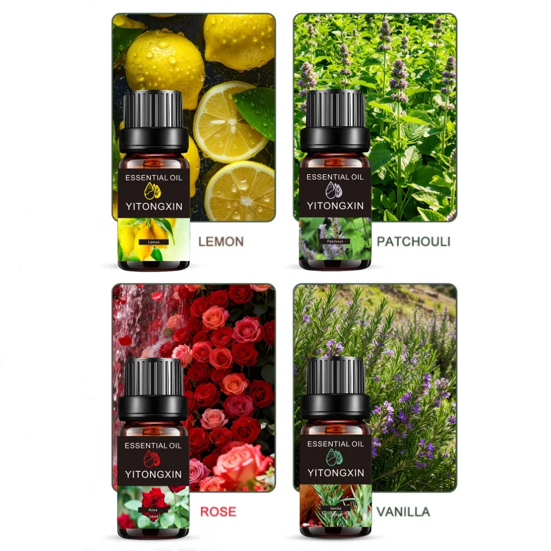 4Pcs Plant Essential Oil (Lemon+Patchouli+Rose+Vanilla) 10ml Per Bottle, Suitable For Body Massage Care