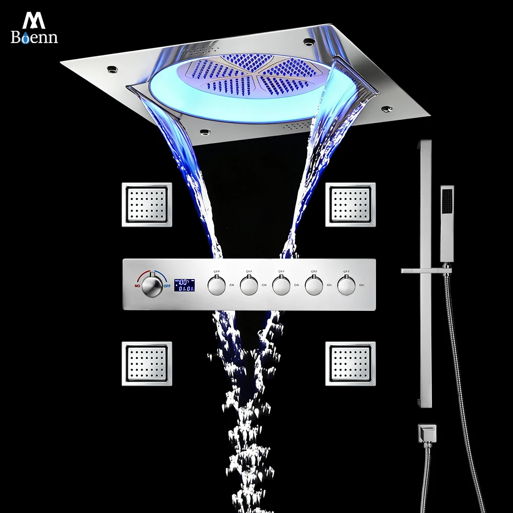 M Boenn Hot Cold 5 Functions Shower Set System Bathroom Faucets Temperature Display Mixer Embedded Ceiling Rainfall Shower Head