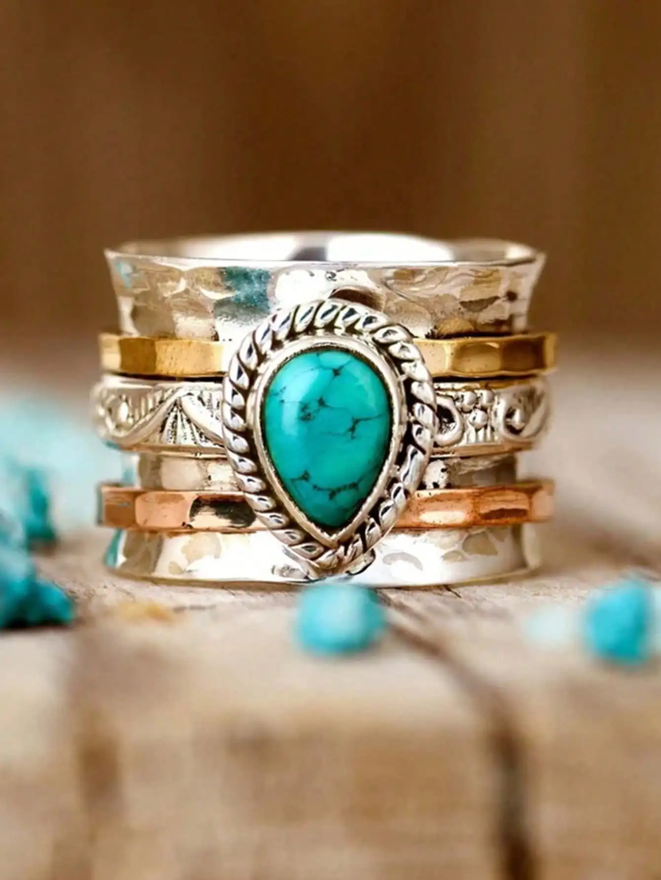 1PC Bohemian Vintage Style Wide Faceted Faux Turquoise Plated Tri-Color Men's And Women's Sizing Ring (US Size: 6-10) For Party Gathering Daily