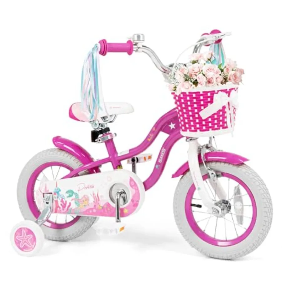 

12 14 16 18 20 Inch Mermaid Theme Girls Bicycle with Training Wheels Basket Adjustable Seat and Handlebar Dual Brake in Pink