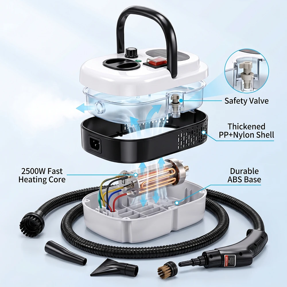 EU-2500W High Pressure Steam Cleaner Portable High Temperature Steam Cleaning Machine with Multi Nozzle Attachments for Kitchen