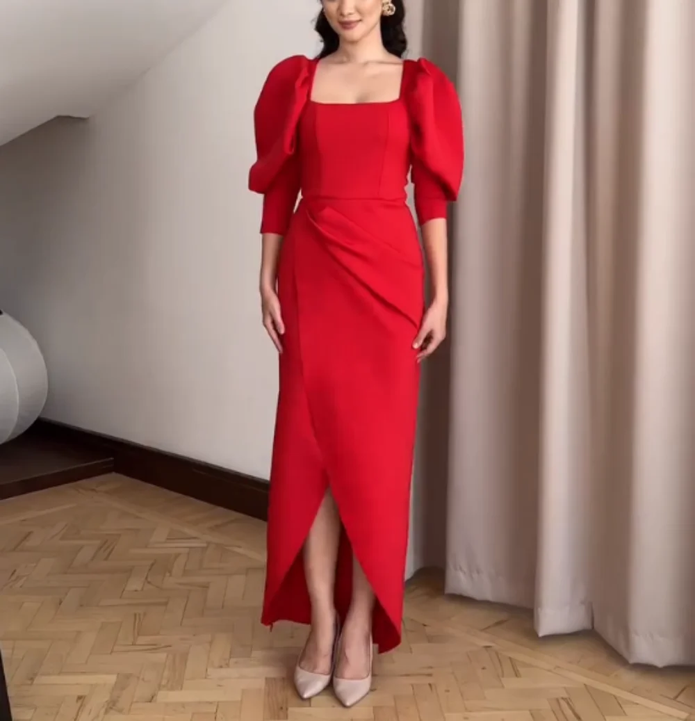 

Customized Charmeuse Pleat Square Neck Straight Midi Dresses Bespoke Occasion Elegant Party Gown Charming High Quality