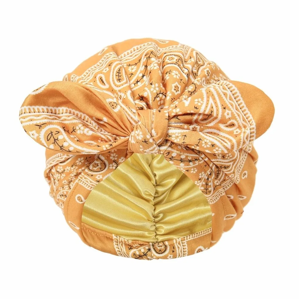 Satin Lined Bandana Turban Hat Rabbit Ear Bow Knot Multi-Color Hair Cover Bonnet Paisley Print 1PC Pre-Tied Head Wrap For Women