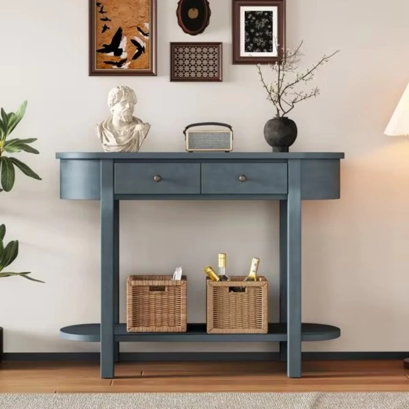 

Elegant retro navy console table with curved design and smooth glazed finish for entry passage living room and hallway