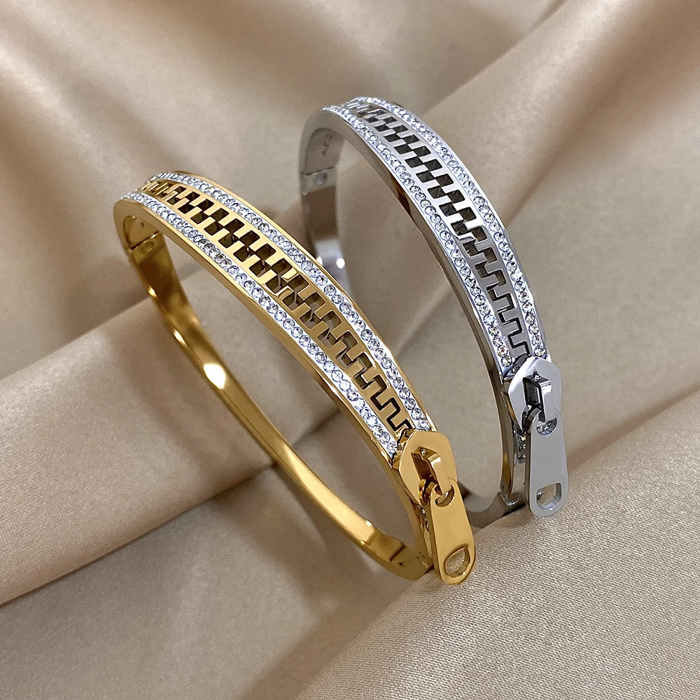 Greatera Zipper Cubic Zircon Filled Sparkly Buckle Bracelet Ring For Men Personality Design Stainless Steel Women\'s Jewelry