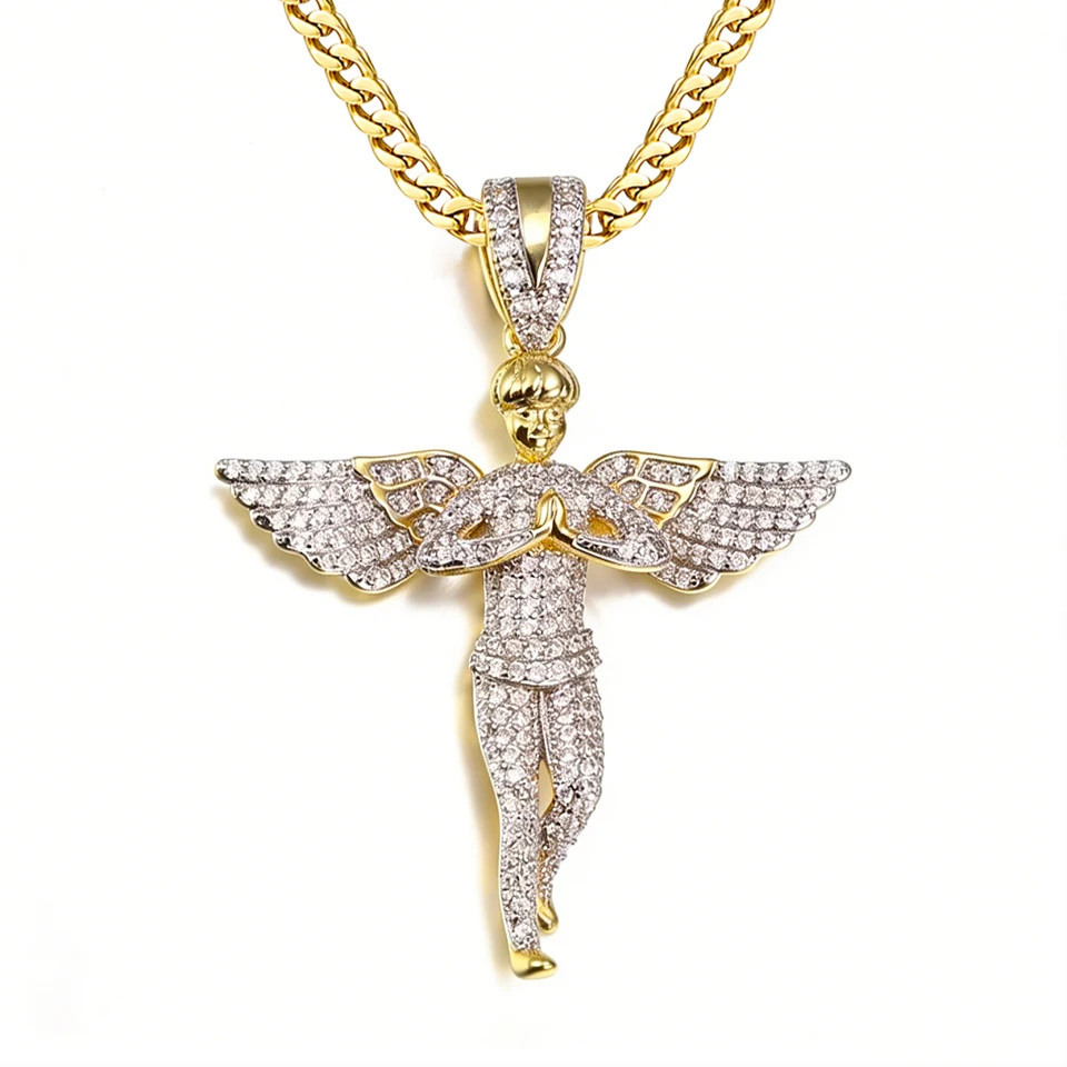 

VANAXIN Iced Out Angel Wings Pendant Necklace for Women Men Vintage 14k gold plated Cubic Zirconia Jewelry Accessories Gifts