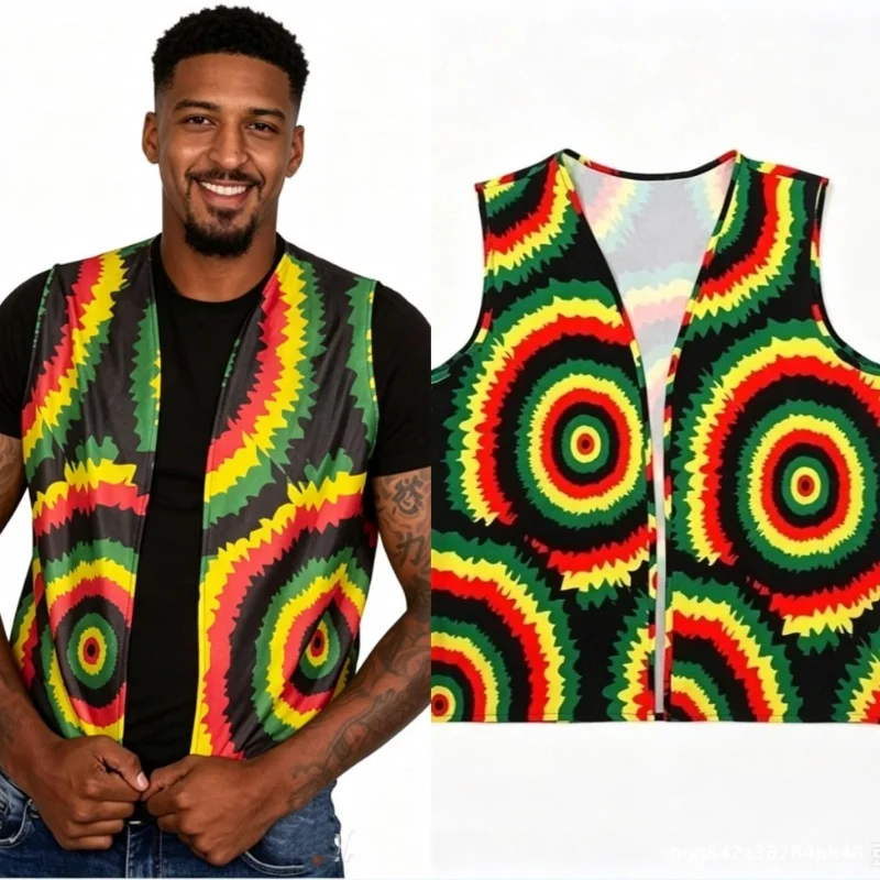 African Jamaican Ethnic Multi-colour Printed Costumes Tank Top Retro Men Women Halloween Cosplay Party Top Hip Hop Dance Clothes view 3