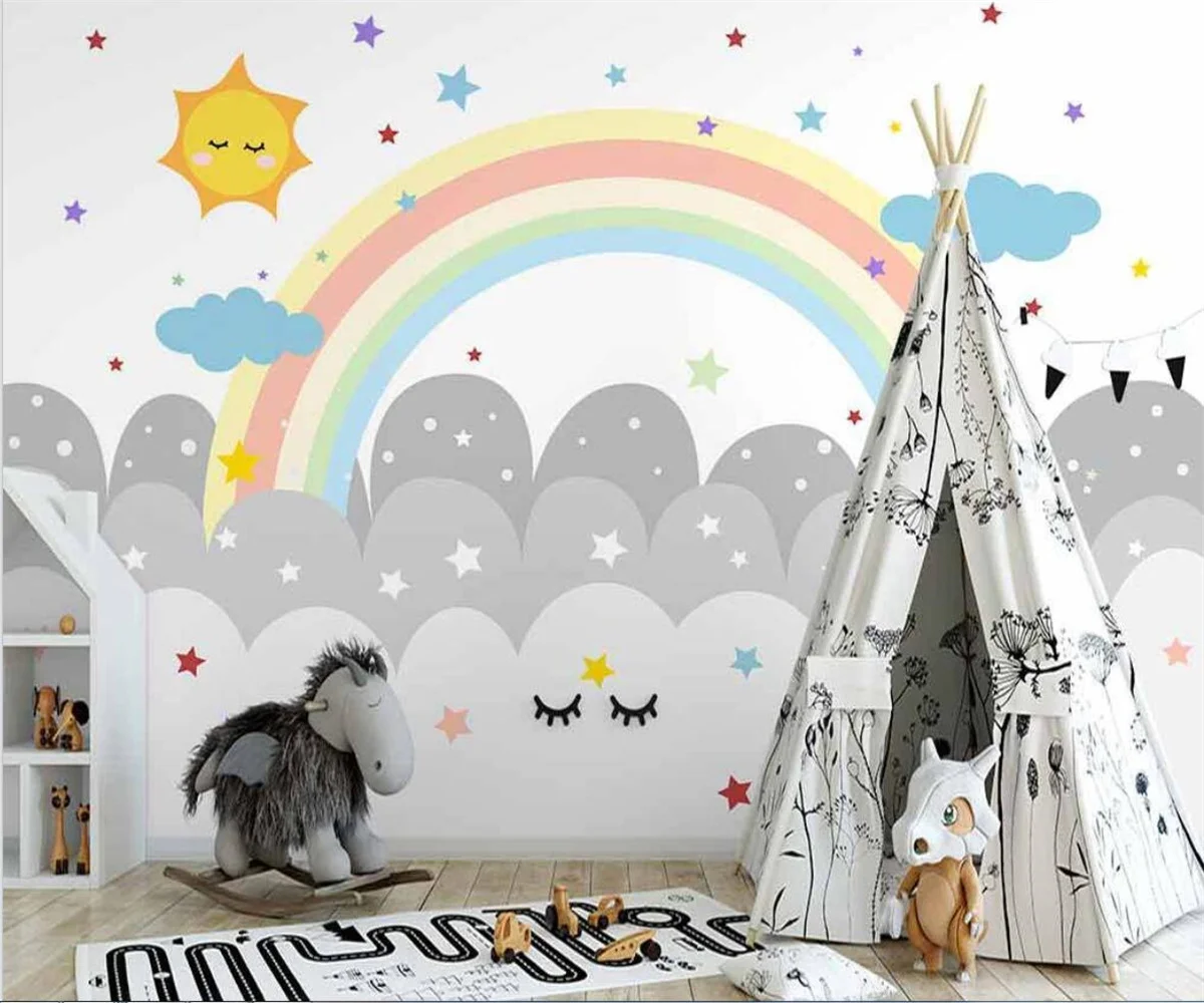 Custom size Mural 3d Wallpaper Nordic hand-painted simple clouds cartoon rainbow starry sky Wall Background Wall  3d wallpaer