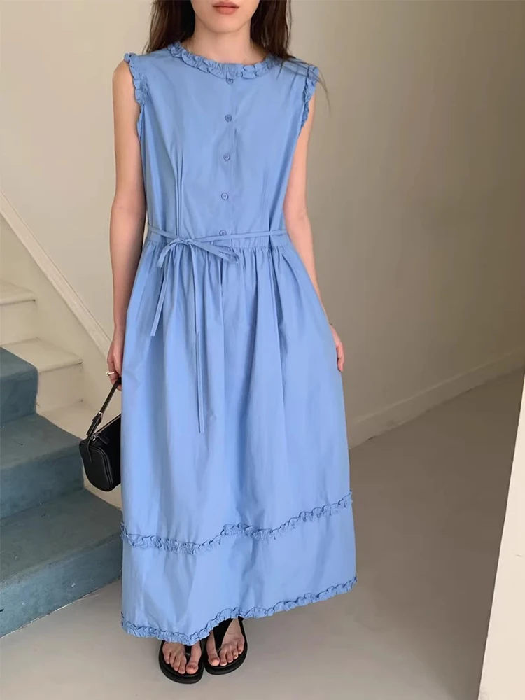 Clothland Women Sweet Ruffled Shirt Dress Sashes Sleeveless A Line One Piece Female Fashion Midi Dresses Vestido QE146
