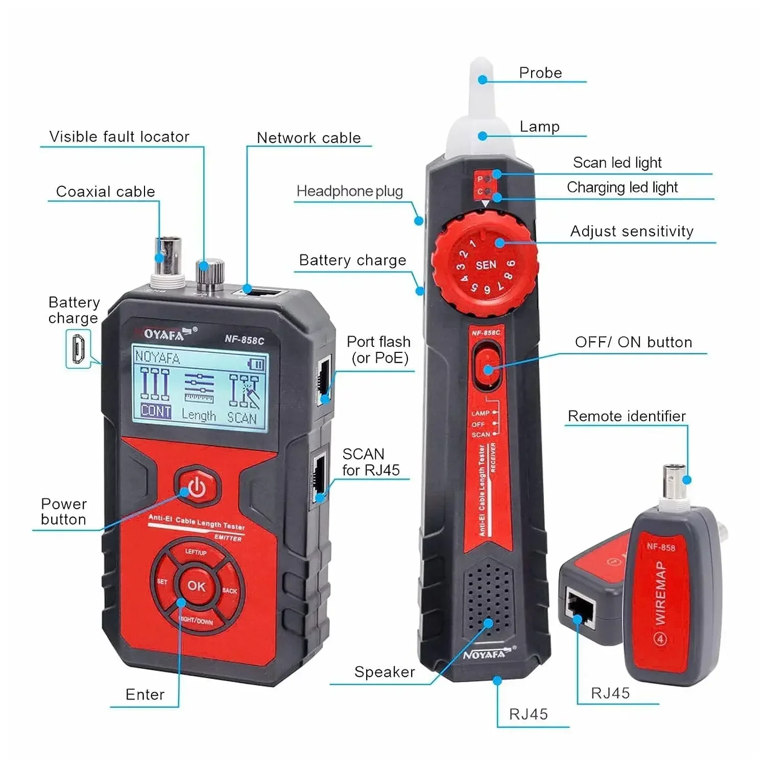 

NOYAFA NF-858C Network Cable Tester Multifunctional with VFL Function RJ11 RJ45 BNC POE Voltage Testing Trace Cable Line Locator