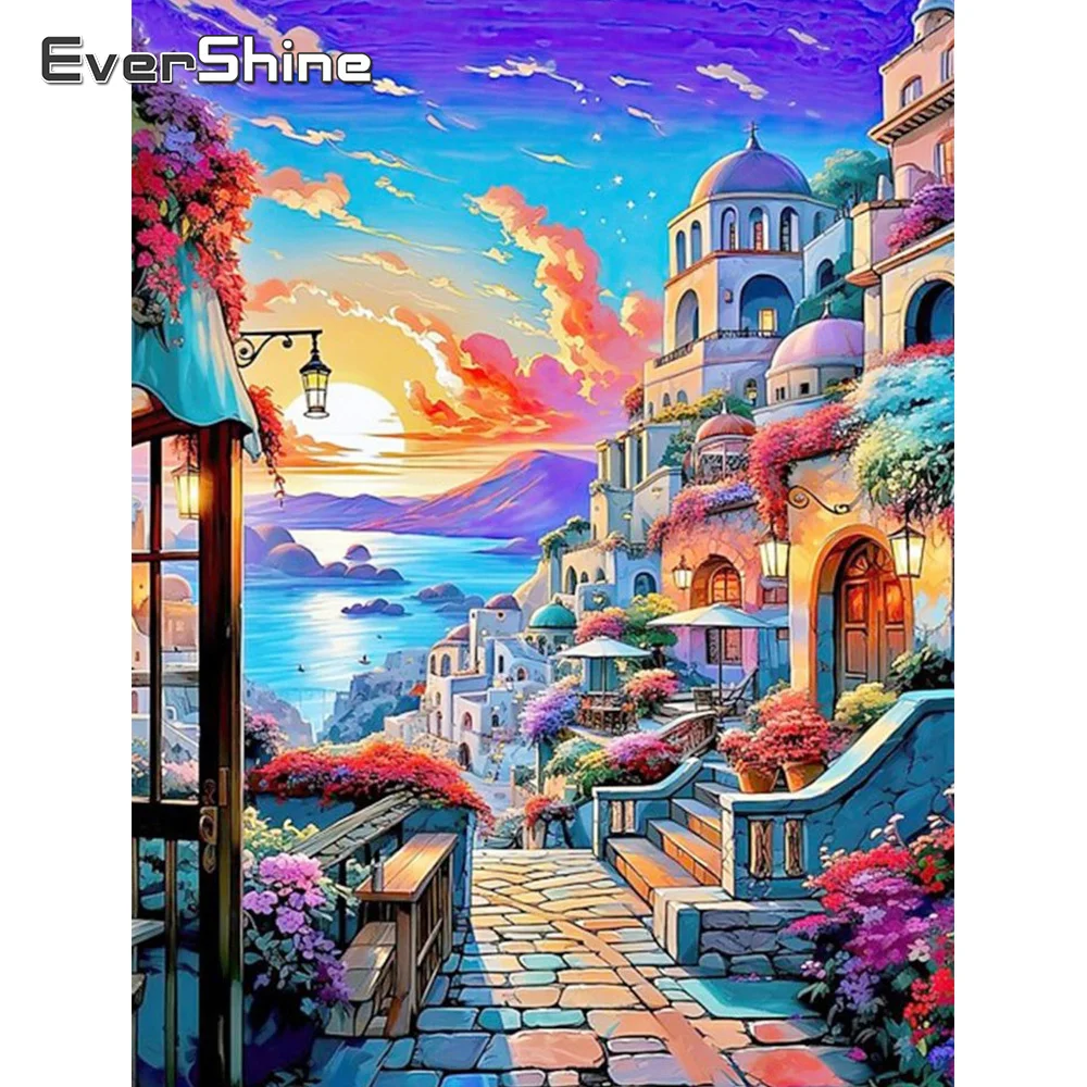Evershine Diamond Painting City Street Diamond Embroidery Town Landscape Needlework Seaside Mosaic Sunset Handicraft