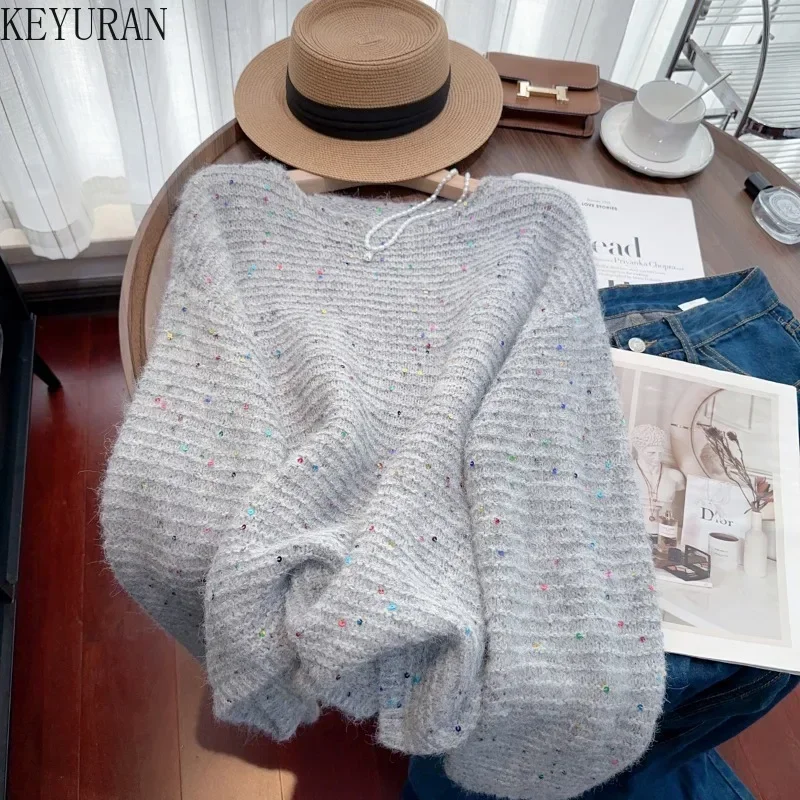 French Sweet Sequins Pullover Sweater for Women 2024 New Autumn Winter O-neck Long Sleeve Lazy Casual Loose Knit Sweaters Jumper