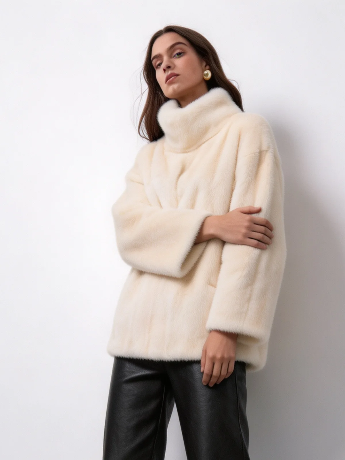 DFDG Women 2026 Faux Mink Fur Pullover Top High Turtleneck Loose Oversized Silhouette Soft Fluffy Luxury Winter Streetwear Fur