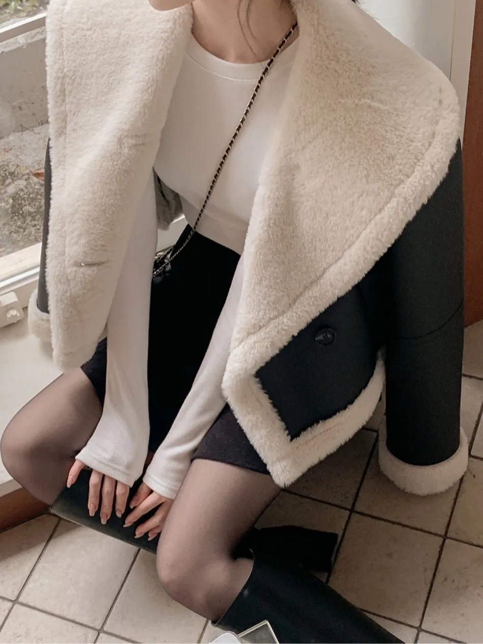 

Premium PU Leather Biker Jaet Women's Loose Fit Double Row Buttons ort Coat Spring Autumn Winter Faion Casual Sle