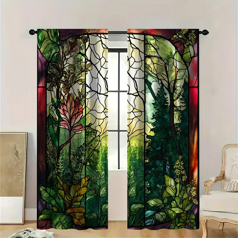 2pcs Stained Glass Forest Curtains with Rod Pocket,  Light Filtering, Artistic Botanical Window Mural for Living Room