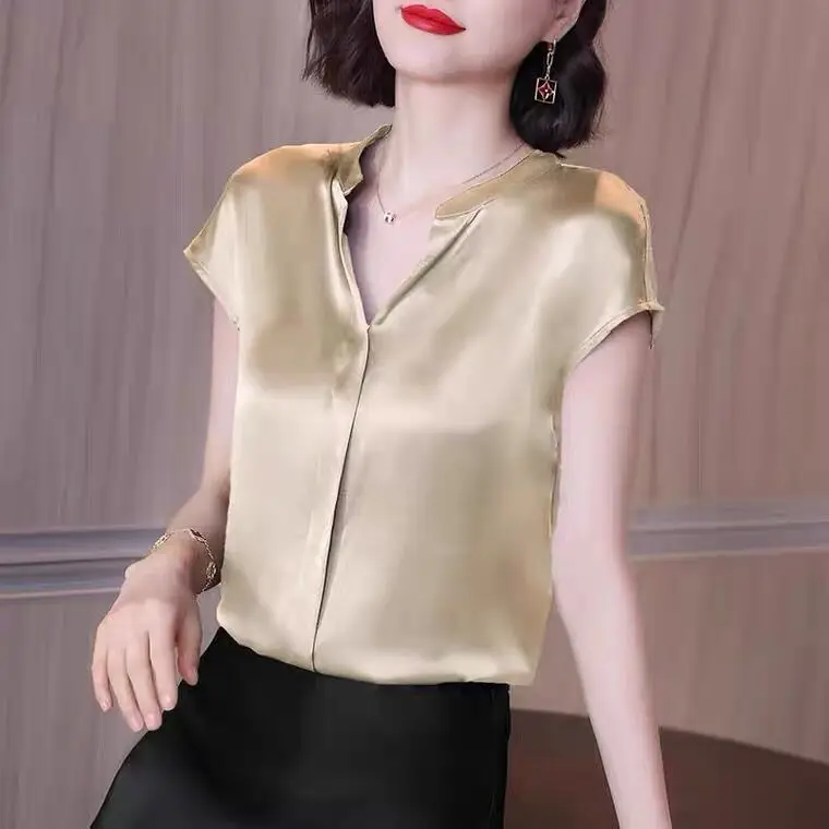 Korean Fashion Artificial silk Blouses Women Elegant sexy V-neck Acetate satin shirts White Black Blusas tops Mujer De Moda