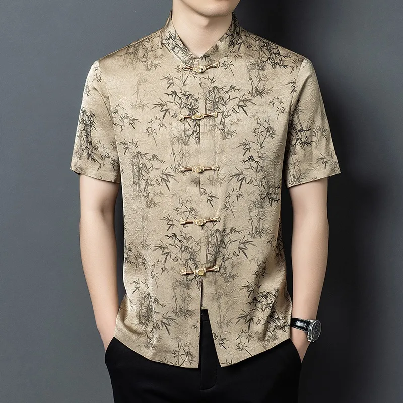 Chinese Traditional Tang Shirts Man Fall Buckle Kung Fu Short Sleeve Shirt Oriental Retro Tops Ice Cool Feel Breathable Uniforms