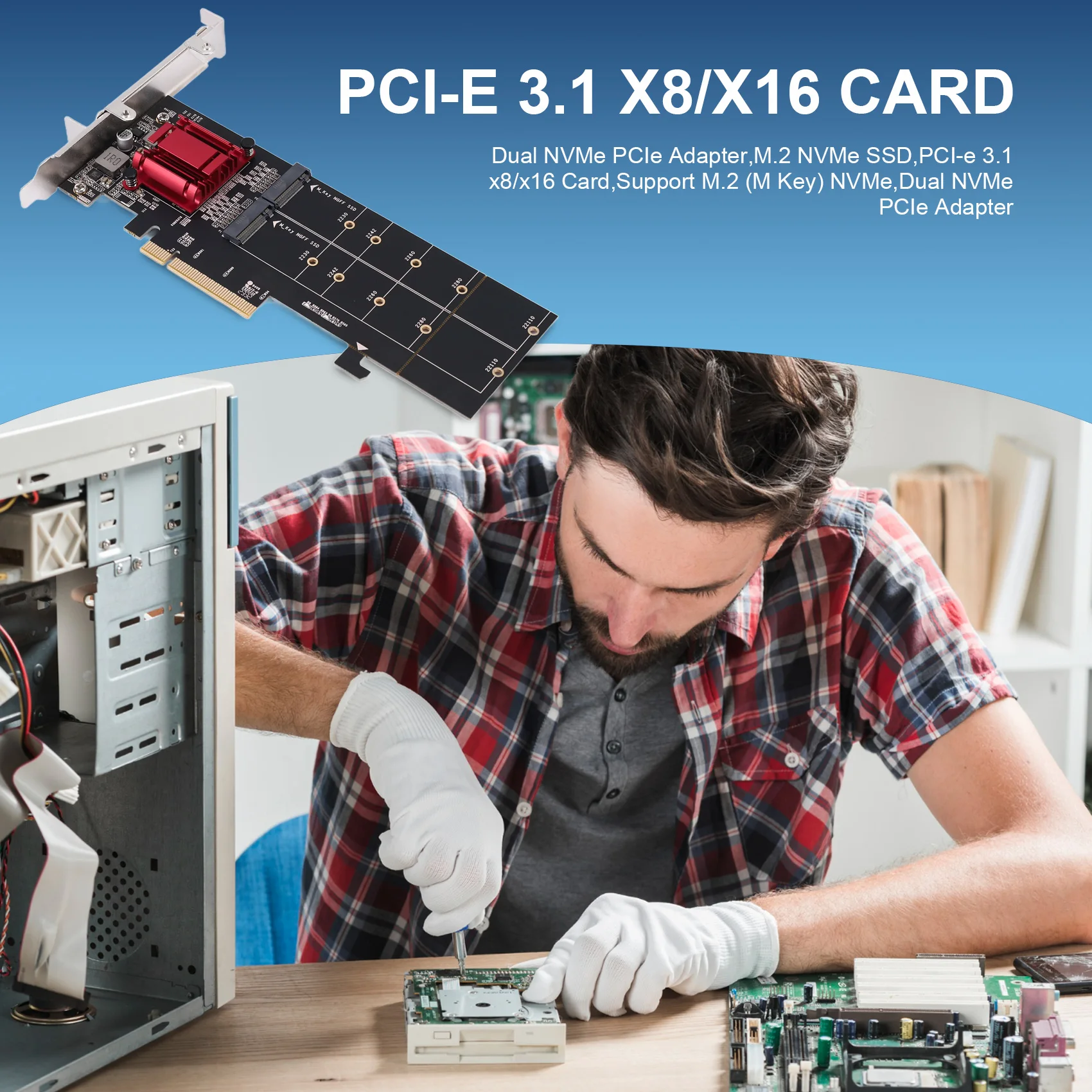 

A46M-Dual Nvme Pcie Adapter,M.2 Nvme SSD To PCI-E 3.1 X8/X16 Card Support M.2 (M Key) Nvme SSD 22110/2280/2260/2242