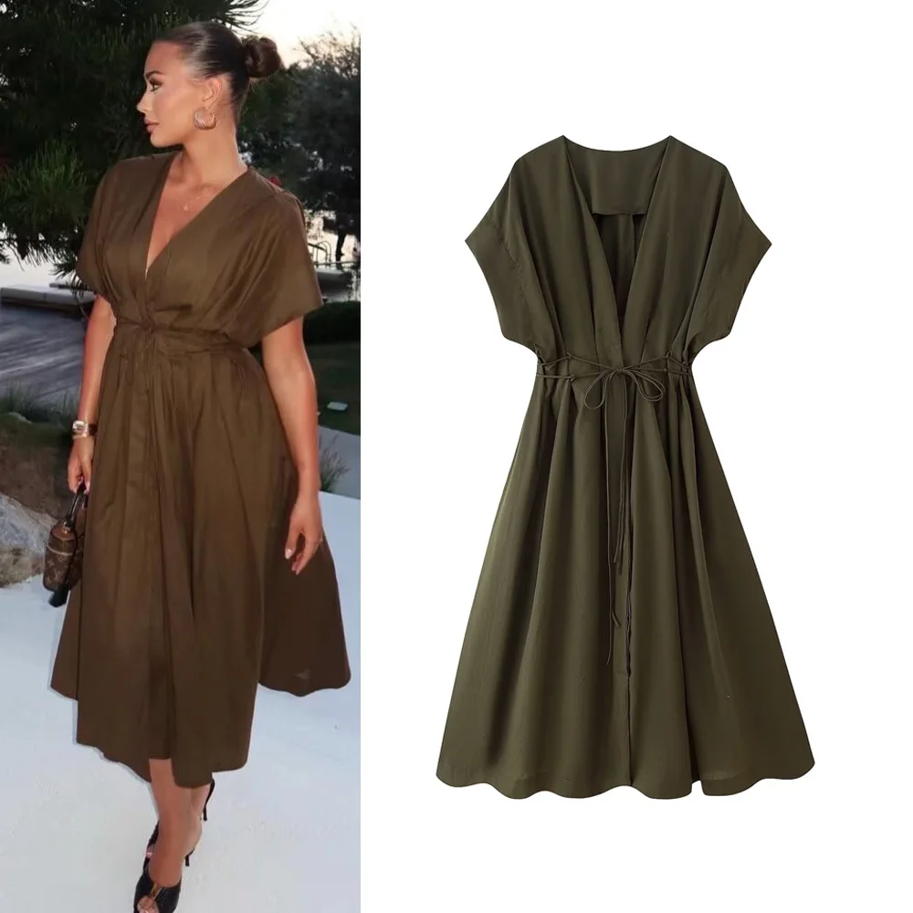 

Vintage Elegant Pleated V-Neck Woman Dress Short Sleeve Sashes Long Dress Chic Commute Streetwear Female A-Line Vestidos