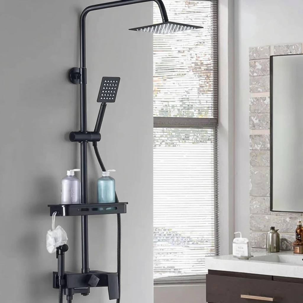 Matte Black Hot and Cold Mixer Copper Shower Set 4 Functions Rainfall Shower Head Bathroom Brass Shower System