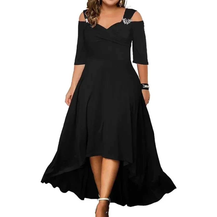 2024 Women\'s Off Shoulder Oversized Dress Solid Large Casual Dress for Fat Women Summer Half Sleeves Long Ruffle A-Line Dresses