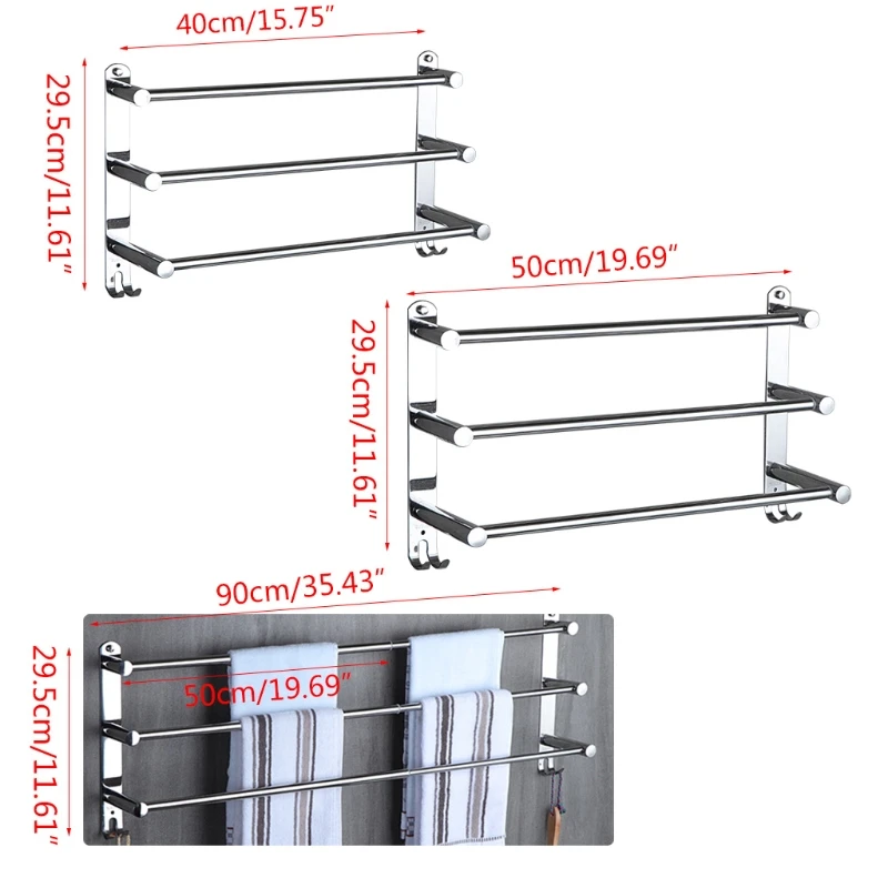 Stretchable Stainless Steel Towel Bar 3-Tier Flexable Wall Mount Bathroom Rack