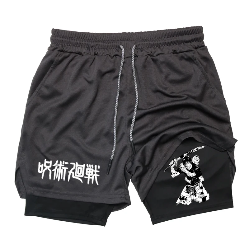 Anime Compression Shorts Men\'S Gym Fitness Running Training Mesh 2-In-1 Sports Shorts Summer Outdoor Casual Performance Shorts