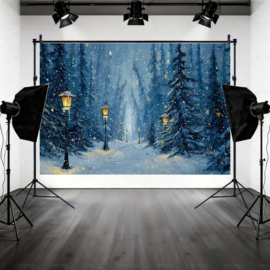 MOON.QG Oil Painting Style Winter Forest Paths Photography Background Path Vintage Street Lamps Backdrop Accessories Shooting