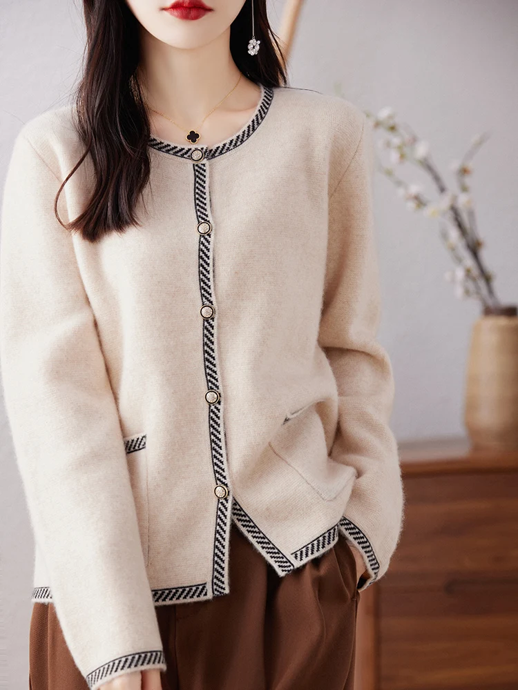 100% Wool Cardigan Sweater Women O-neck Long Sleeve Top Korean Style Oversized Loose Pocket Mujer Knitwear Basic Autumn Clothing