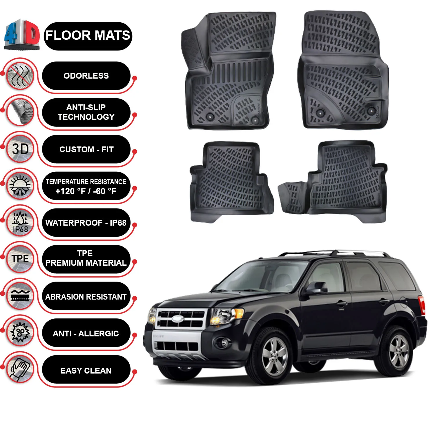 Ford Escape - (2008-2012) Floor Mats Liner Waterproof 3D - (Black)