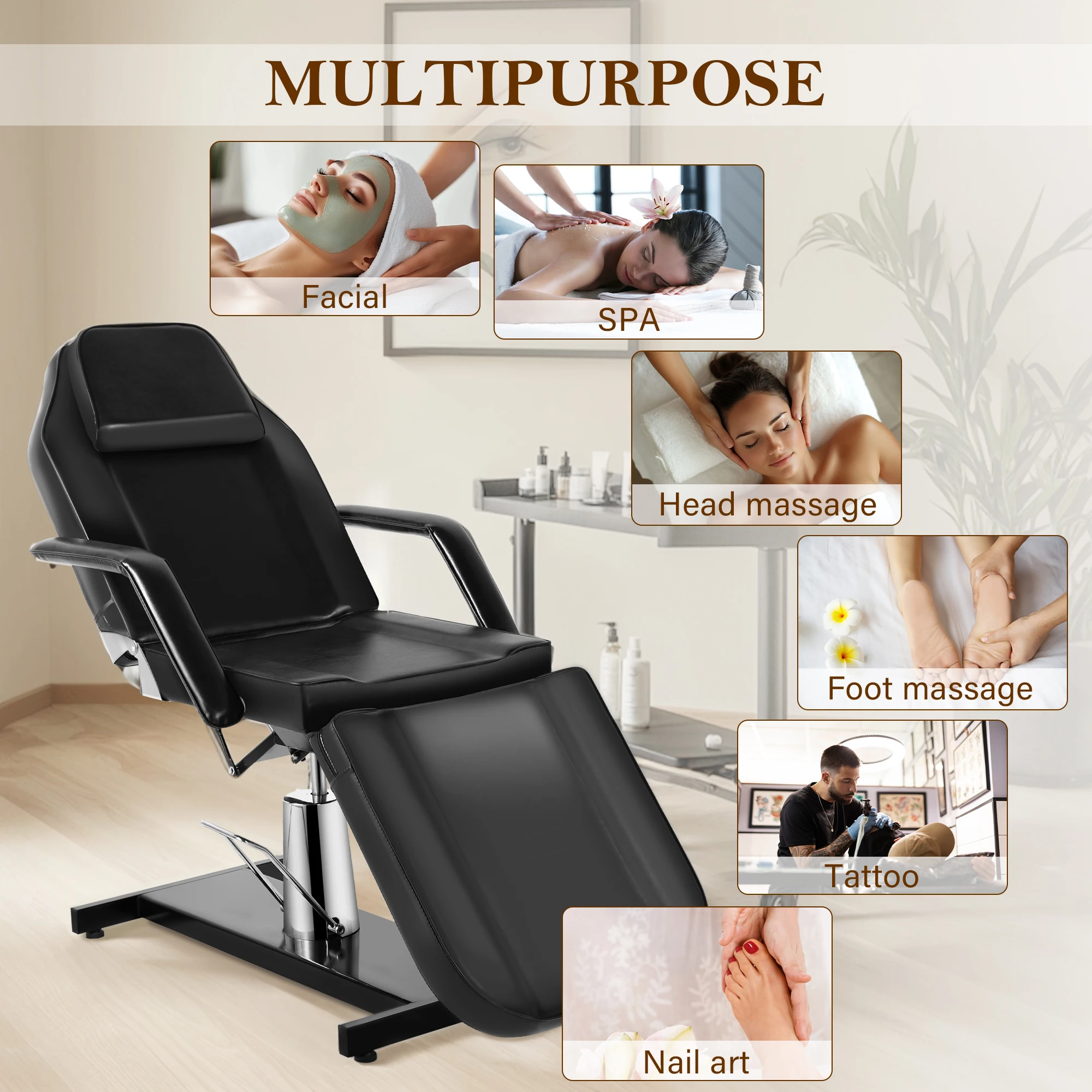 كرسي الوشم الهيدروليكي سرير التجميل، طاولة سرير الوجه متعددة الأغراض مكونة من 3 أقسام، سرير تدليك سبا لصالونات التجميل قابل للتعديل #3