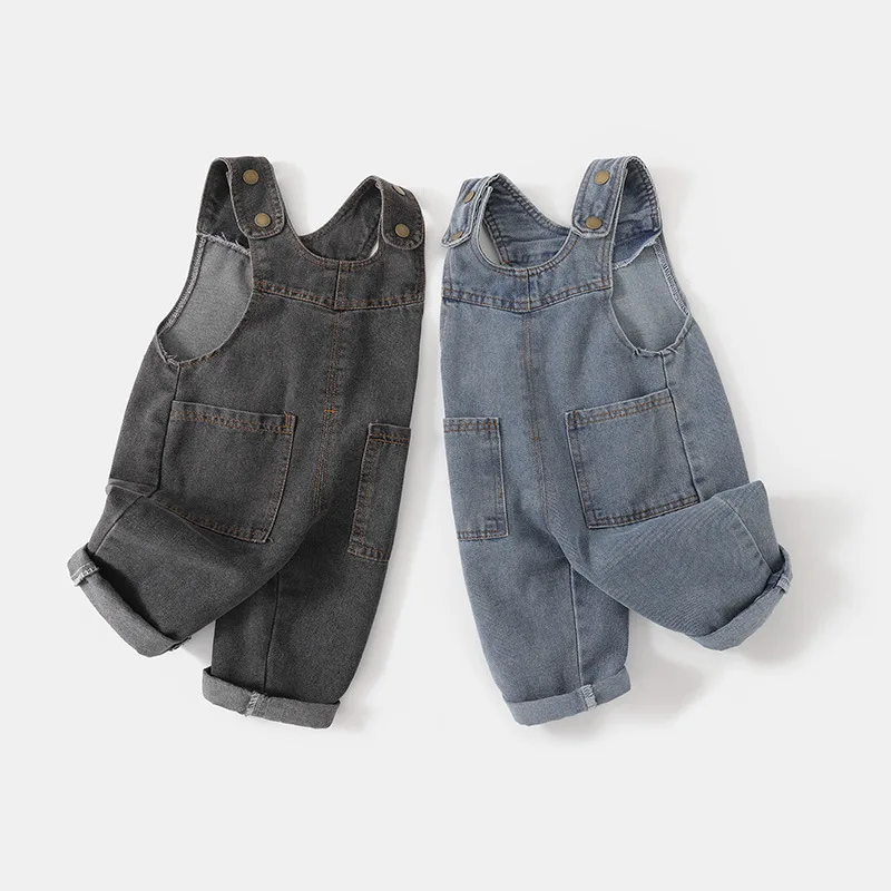 2026 Neue Koreanische Version Weicher Gewaschener Denim Kinder-Overall Jungen und Mädchen Vordertasche Einfarbig Integrierte Hose 0-5 Jahre – Detail 3