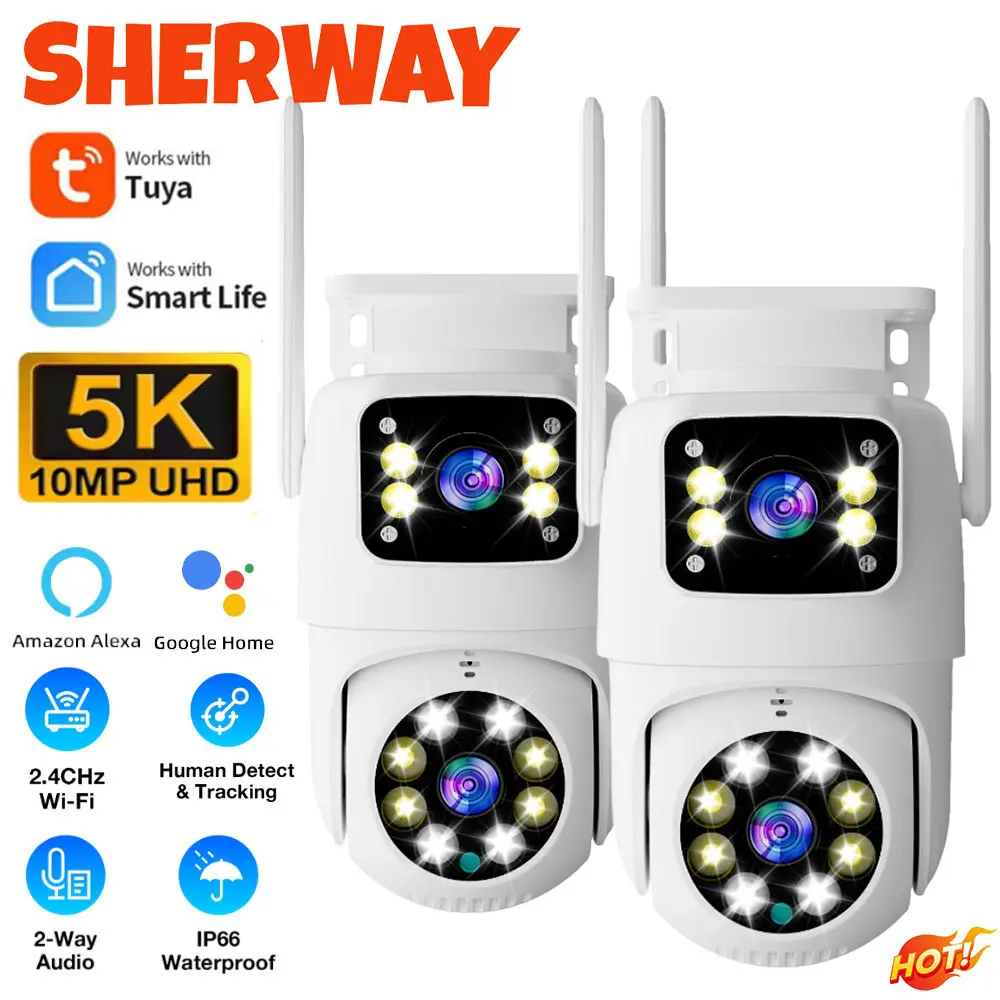 2PC 4K Tuya double Len PTZ Wifi caméra extérieure Full HD 10MP double écran Surveillance de sécurité AI suivi automatique Alexa Google caméra