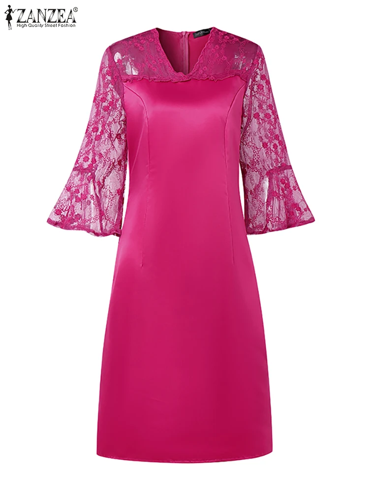 ZANZEA Elegant Fashion Sheer Dresses Shiny Satin V-Neck Lace Patchwork Womens Vestidos 3/4 Flared Sleeve Slim Knee-Length Robes