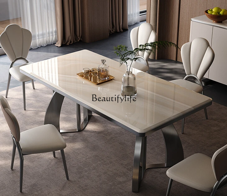 

Italian natural luxury stone dining table household modern light luxury high-end rectangular microcrystalline stone marble