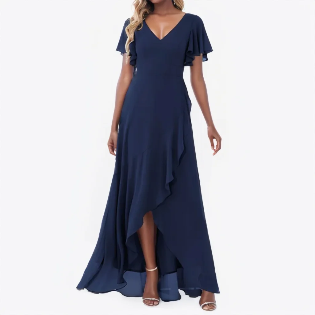 

Chic V-neck Solid Color Ruffles High Low Chiffon Long Bridesmaid Dress