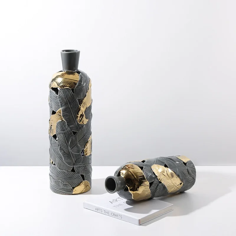 Gray gold feather pattern ceramic vase light luxury model house ornament home living room entrance decorative flower ware