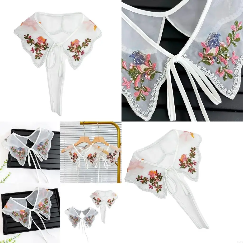 L5YA camicia borchiata con perline Camicetta Colletto ricamato con perline false Arte antica