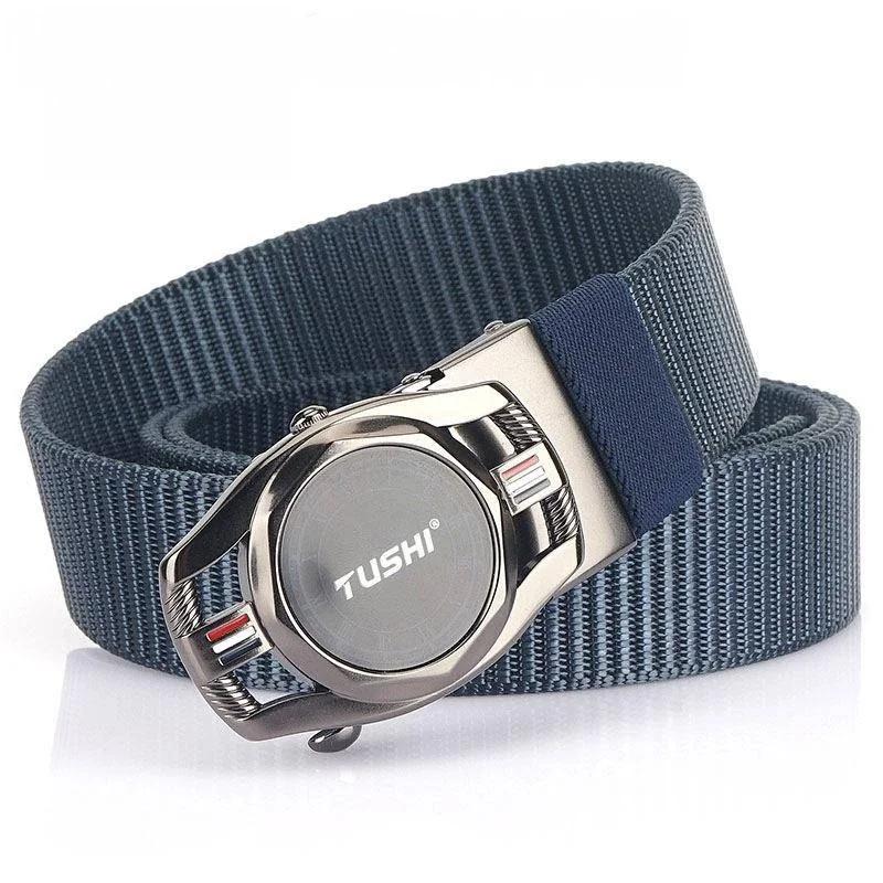 

New Men's Casual Canvas Belt Nylon Woven Outdoor Automatic Buckle Leather Waist Belt Business Style Tank Pattern Design