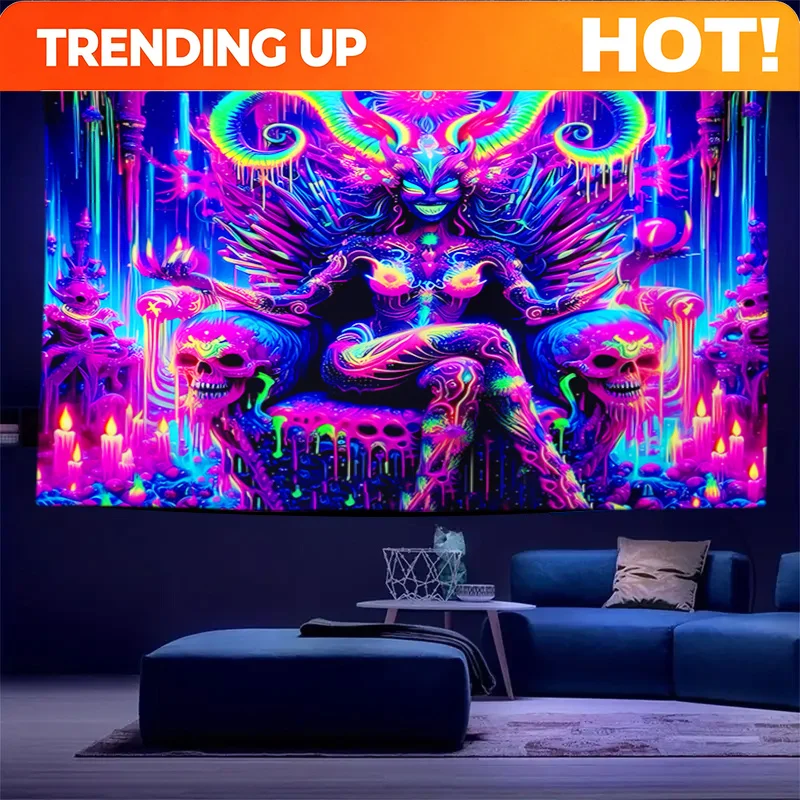 Customize VIKAMA Mystic Goddess Tapestry Skull Throne Neon Antlers & Wings Bohemian Bedroom Music Party Room Decor