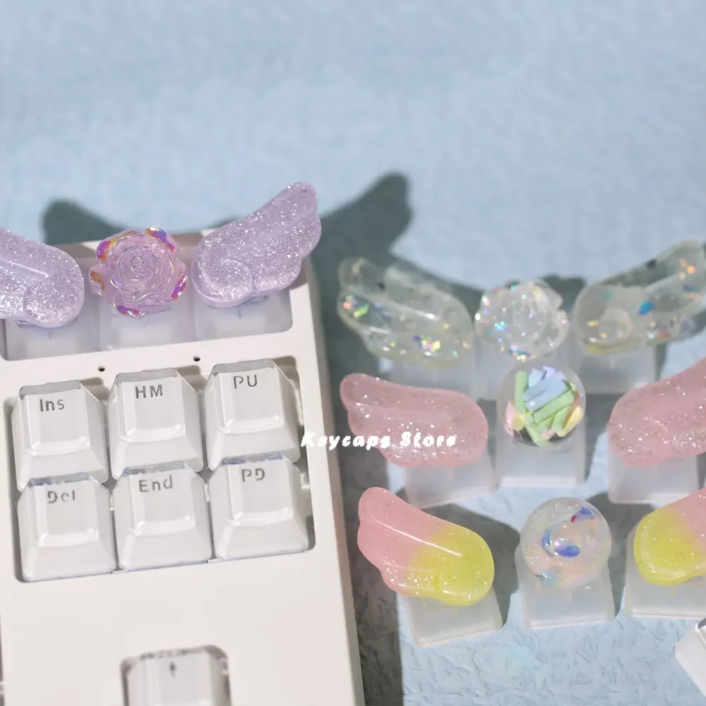 El yapımı kişilik kız sevimli hediye melek kanat anahtar kap güzel şeffaf arka kristal top DIY mekanik klavye Keycaps