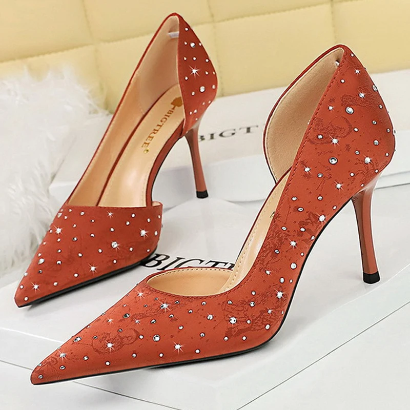 BIGTREE Shoes Rhinestone Design Kitten Heels Women 8 Cm Pumps Silk Satin Luxury High Heels Stilettos Banquet Shoes Plus Size 43