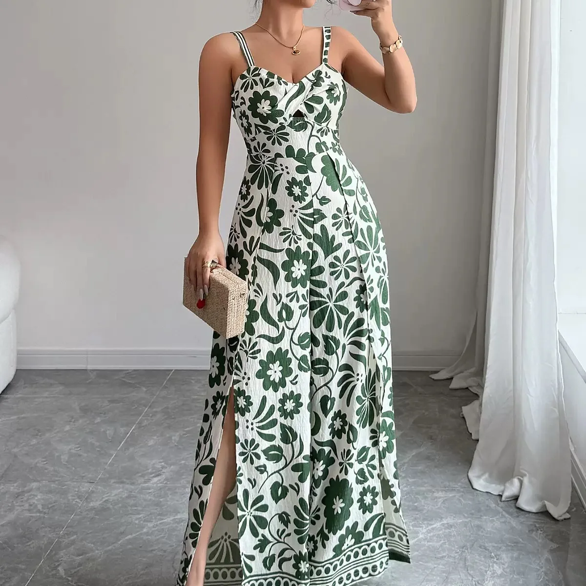 Women's Summer Spaghetti Strap Floral Maxi Dress Sleeveless Side Slit Boho Vacation Beach Long Slip Dress