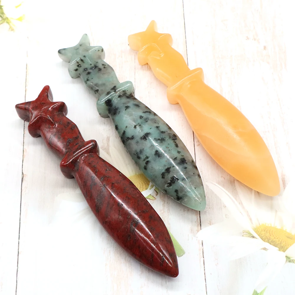 120mm Natural Quartz Crystal Dagger Hand Carved Gems Black Obsidian Knife Crafts Healing Stone Magic Talisman Sword Home Decor