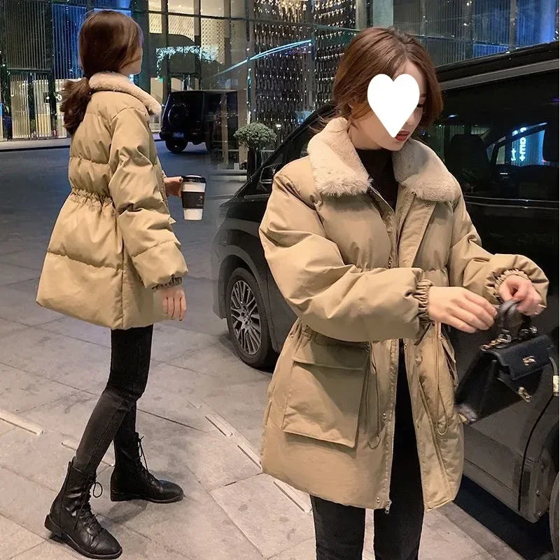 

Korean Fashion Women Winter Parkas Fur Collar Thick Warm Snow Wear Padded Parka Ladies Street Loose Long Down Cotton Coats