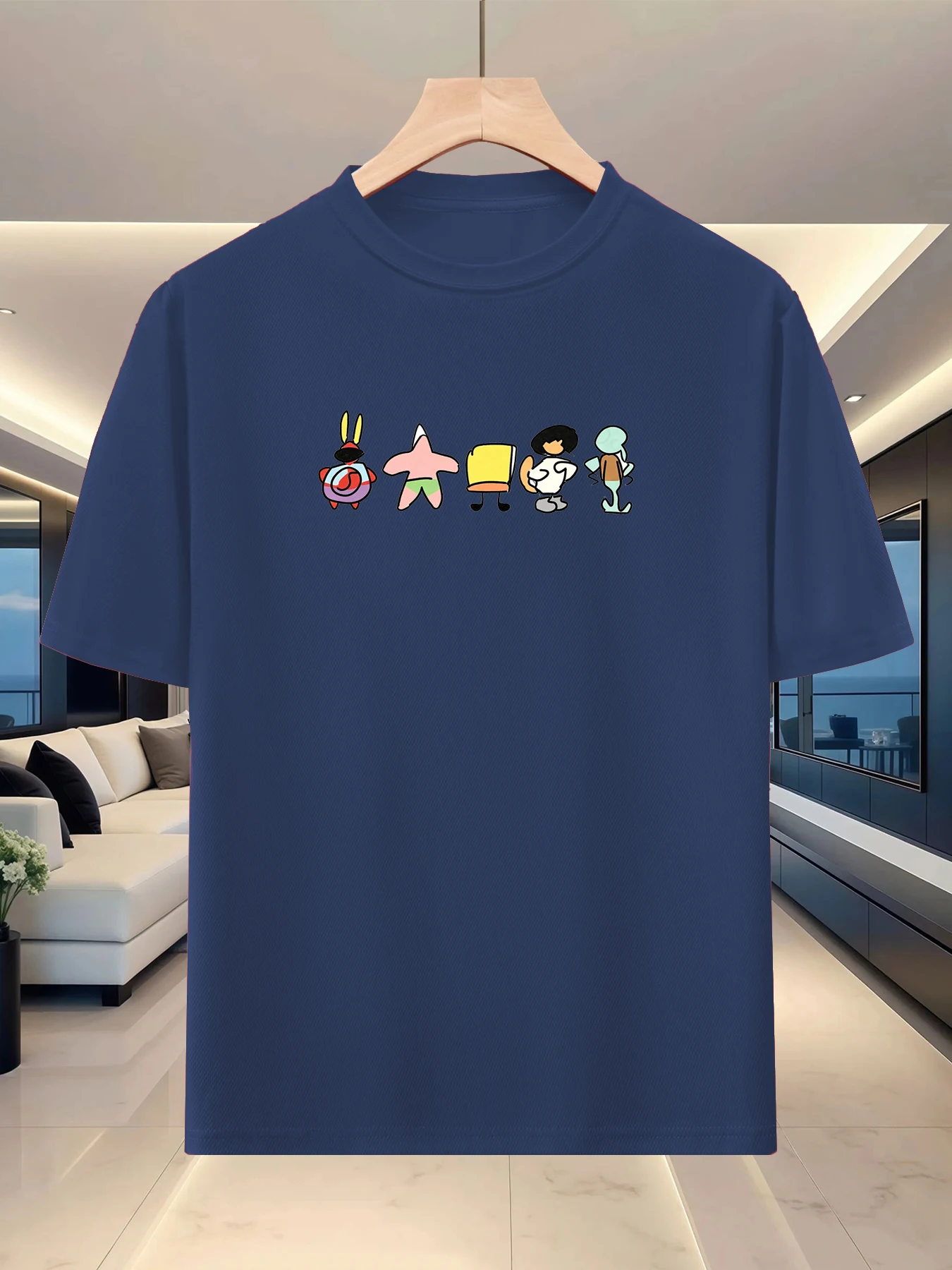 Casual style men's loose shoulder T-shirt for spring and summer camping, creative printing, lazy round neck base shirt